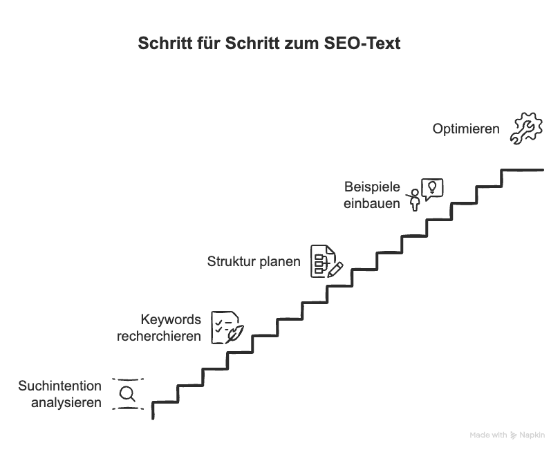 Infografik mit dem Titel „Schritt für Schritt zum SEO-Text“, dargestellt als Treppenstufen. Fünf aufeinanderfolgende Schritte mit Icons führen nach oben: 1. Suchintention analysieren (Lupe). 2. Keywords recherchieren (Klemmbrett mit Feder). 3. Struktur planen (Dokumentenstruktur). 4. Beispiele einbauen (Redner mit Sprechblase). 5. Optimieren (Zahnräder)
