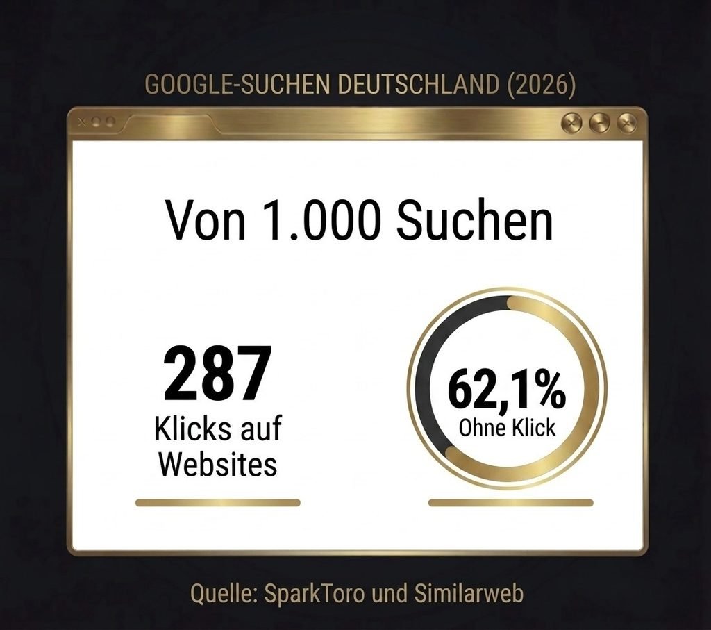 Infografik zur Analyse von Google-Suchen in Deutschland für das Jahr 2026. Von 1.000 Suchanfragen führen 287 zu einem Klick auf das offene Web. 62,1% der Suchen enden ohne Klick. Quelle: SparkToro und Similarweb.