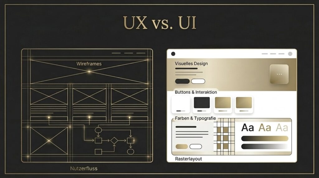  Infografik im Altın-Digital-Design, die den Unterschied zwischen UX und UI Design zeigt. UX beschreibt die Nutzererfahrung und Navigation, UI die visuelle Gestaltung wie Farben, Buttons und Typografie.
