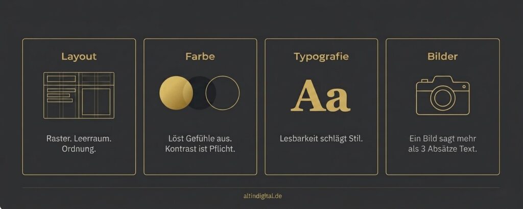 Infografik im Altın-Digital-Stil, die die visuellen Grundlagen im Webdesign zeigt: Layout für Struktur, Farbe für Wirkung, Typografie für Lesbarkeit und Bilder für visuelle Unterstützung von Inhalten.