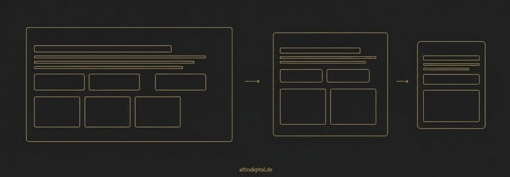 Infografik im Altın-Digital-Stil, die responsives Webdesign zeigt. Drei Geräteansichten für Desktop, Tablet und Smartphone verdeutlichen, wie sich Layouts automatisch an verschiedene Bildschirmgrößen anpassen.