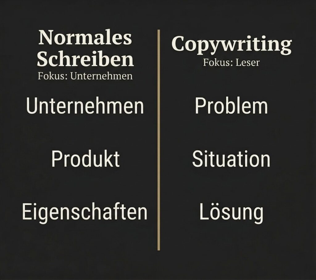 Minimalistische Vergleichsgrafik auf dunkelgrauem Hintergrund mit goldener Trennlinie. Links: Normales Schreiben (Fokus: Unternehmen) mit den Punkten Unternehmen, Produkt, Eigenschaften. Rechts: Copywriting (Fokus: Leser) mit den Punkten Problem, Situation, Lösung.