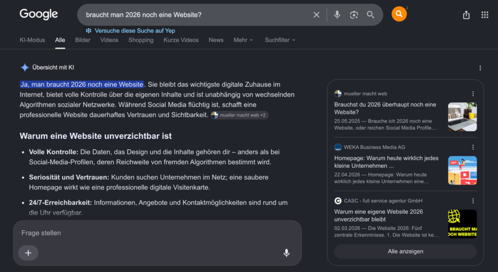 Screenshot einer Google AI Overview zur Suchanfrage „braucht man 2026 noch eine Website?“ mit einer KI-Übersicht und verlinkten Quellen, passend zum Wandel der Online-Sichtbarkeit durch Künstliche Intelligenz.