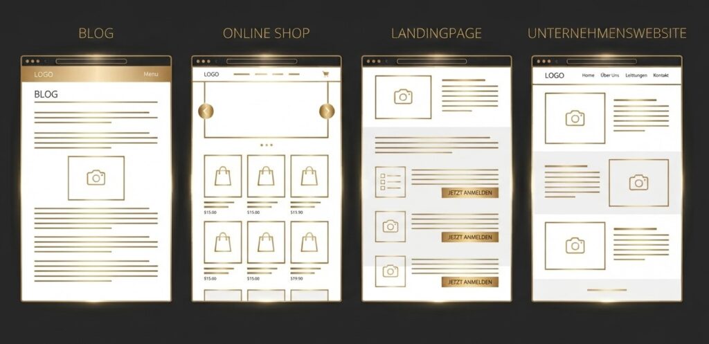 Vergleich von vier Website-Wireframes (Blog, Onlineshop, Landingpage, Unternehmenswebsite) zur Veranschaulichung unterschiedlicher Design- und Inhaltsstrukturen.