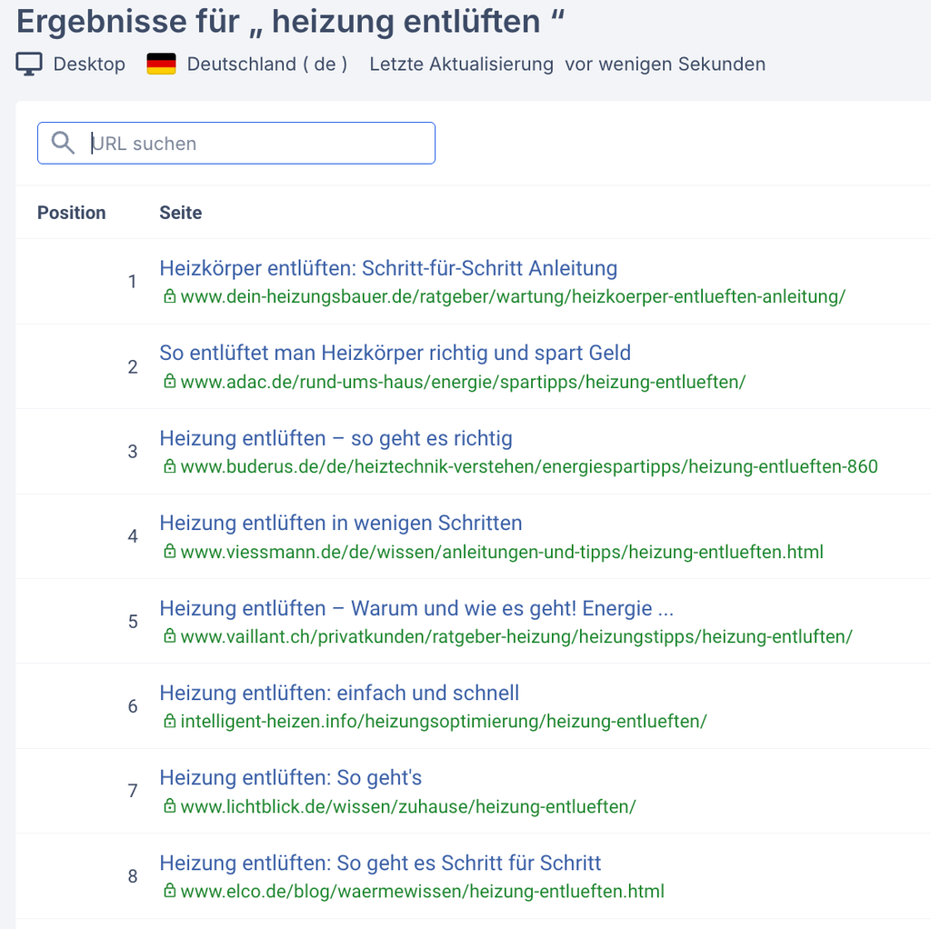 WhatsmySERP zeigt die ersten acht Google-Ergebnisse für „Heizung entlüften“ in Deutschland. Vorwiegend erscheinen Ratgeber und Schritt-für-Schritt-Anleitungen.